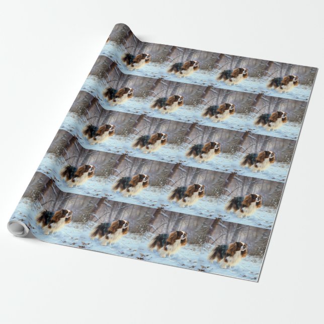 Papel De Presente Inglês Toy Spaniel Deixe-o nevar Natal (Desenrolado)