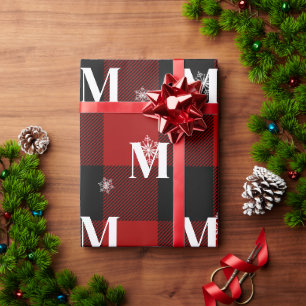 Papel De Presente Inicial de Monograma com Xadrez Vermelho e Flocos 