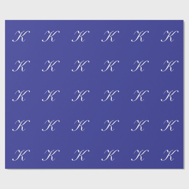 Papel De Presente Inicial "K" Monograma Branco no Azul (Aberto)