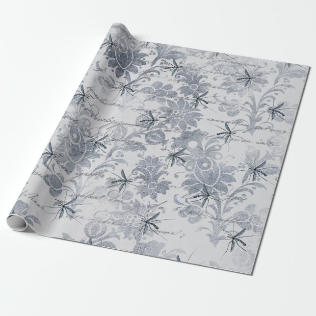 Papel De Presente Inseto e cinza azul florais (Desenrolado)
