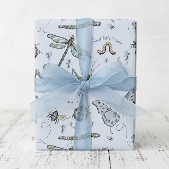 Papel De Presente Insetos de Bebê Azul Pastel Moles Boho Crianças e  (Insect Baby Shower Wrapping Paper for Baby Boy. French Blue & Sage Green Bugs & Beetle. Dragonfly)