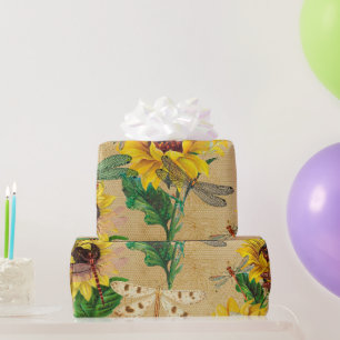 Papel De Presente  Insetos De Dragões De Girassol Amarelo Retroativ