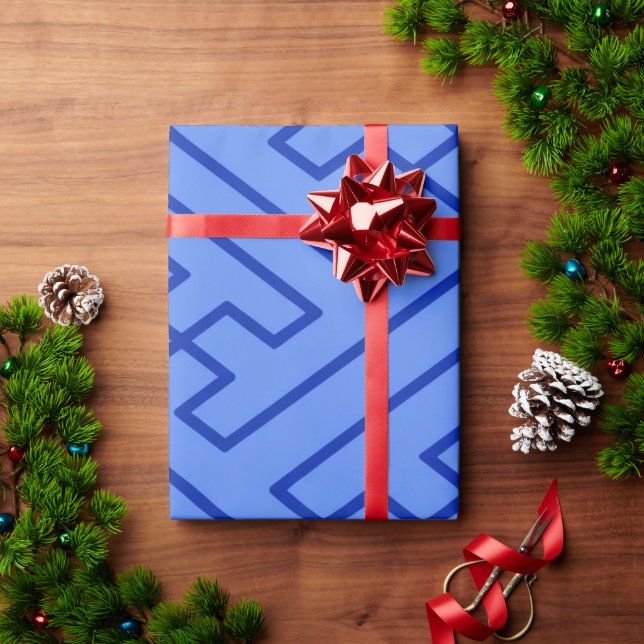 Papel De Presente Inspiração Grega Linhas Geométricas Padrão Azul (Presente de Natal)