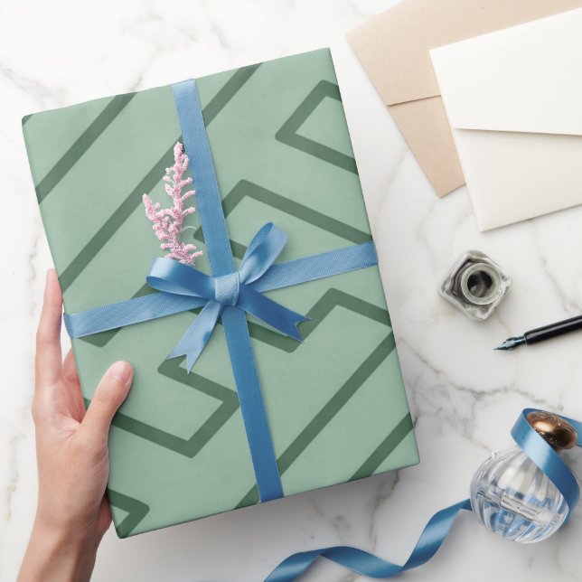Papel De Presente Inspiração Grega Padrão Verde Linhas Geométricas (Presentear)