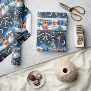 Papel De Presente Instrumento Musical Ukulele Festivo Natal Neve