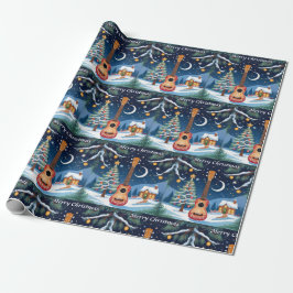 Papel De Presente Instrumento Musical Ukulele Festivo Natal Neve