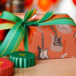 Papel De Presente Instrumentos Musicais Laranja De Padrão De Guitarr