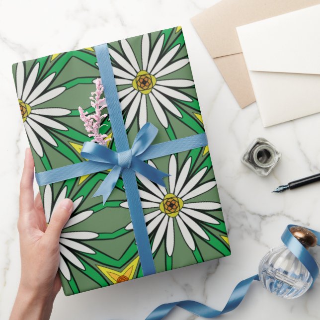 Papel De Presente Interpretação Floral White Daisies, folhas verdes (Presentear)