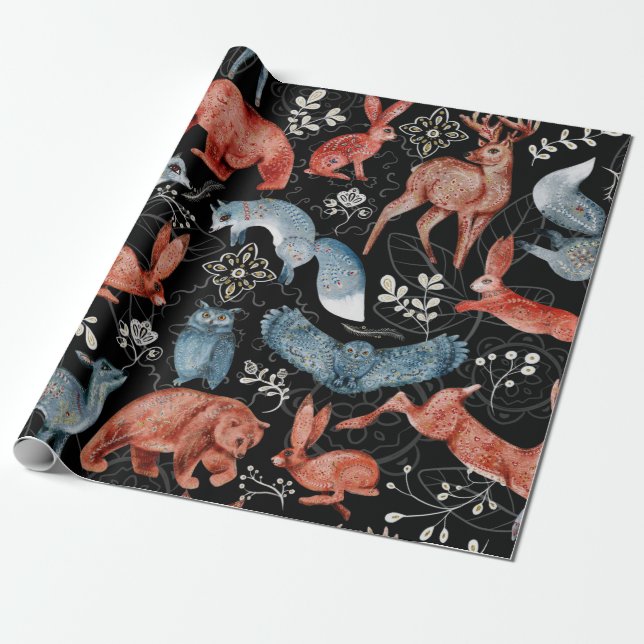 Papel De Presente  Intricate woodland animals pattern (Desenrolado)