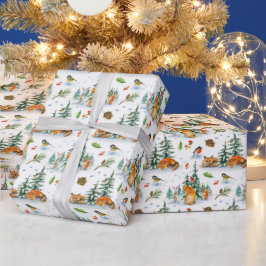 Papel De Presente Inverno Aconchegante Raposa Coelho Pássaros Pinhas