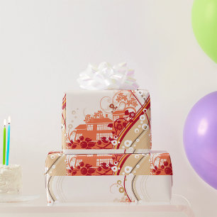 Papel De Presente Inverno de Ilustração de Casa Floral e Padrão Natu