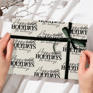 Papel De Presente Inverno Desenhado à Mão Trenó Preto Script Feriado