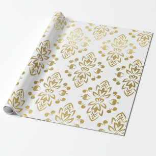 Papel De Presente Invólucro de Padrão Floral de Damask Dourado Elega