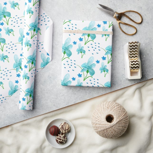 Papel De Presente Íris Azul E Padrão De Aquarela De Flores Silvestre (Artesanato)