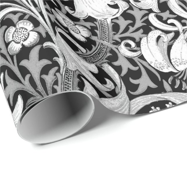 Papel De Presente Íris e lírio de William Morris, preto e branco (Ponta do rolo)