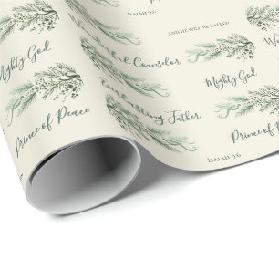 Papel De Presente Isaiah 9:6 Christian Modern Script Pine Natal