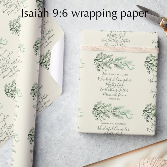 Papel De Presente Isaiah 9:6 Escritura Personalizada do Pine Moderno (Isaiah 9:6 original pine Christmas wrapping paper. Cream and sage elegant scripture gift wrap.)