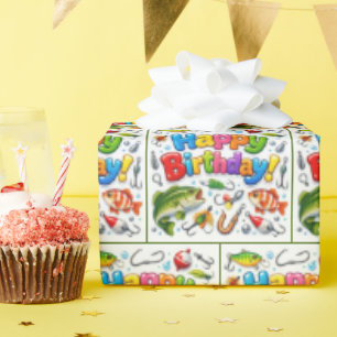 Papel De Presente Isca e Anzol Feliz Aniversário