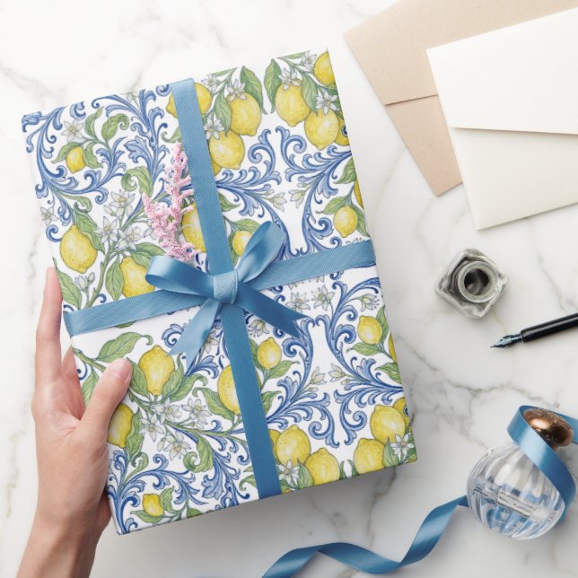 Papel De Presente Italian Mediterranean Blue Lemon Floral (Presentear)