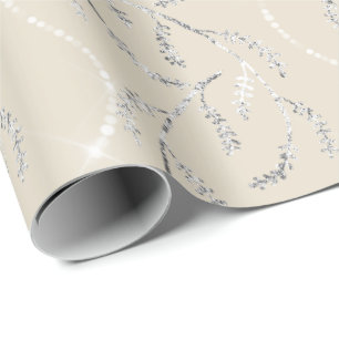 Papel De Presente Ivory Crystal Laurel Floral Silver Diamantes