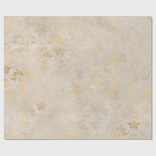 Papel De Presente Ivory e Dourado Grunge Vintage Damask