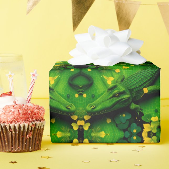 Papel De Presente Jacaré Crocodilo Dragão Artístico Verde Amarelo  (Festa de aniversário)
