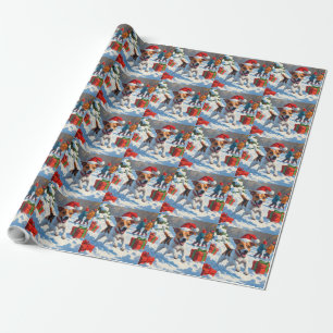 Papel De Presente Jack Russell Correndo na Neve com Chapéu de Natal