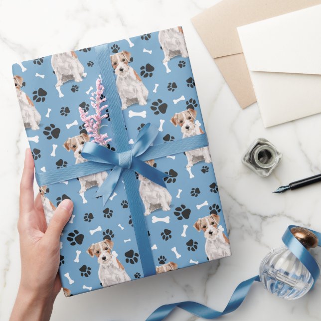 Papel De Presente Jack Russell Terrier Dog Paw Print Patterno em Azu (Presentear)