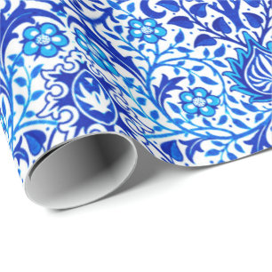 Papel De Presente Jacobean Floral Damask, Cobalt Azul e Branco