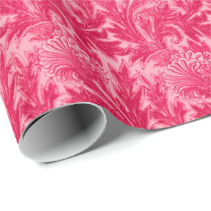 Papel De Presente Jacobean Flower Damask, Fuchsia e Rosas claro