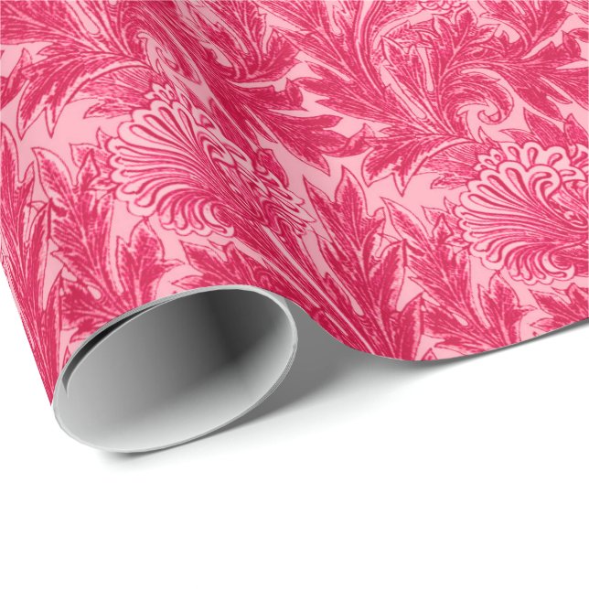 Papel De Presente Jacobean Flower Damask, Fuchsia e Rosas claro (Ponta do rolo)