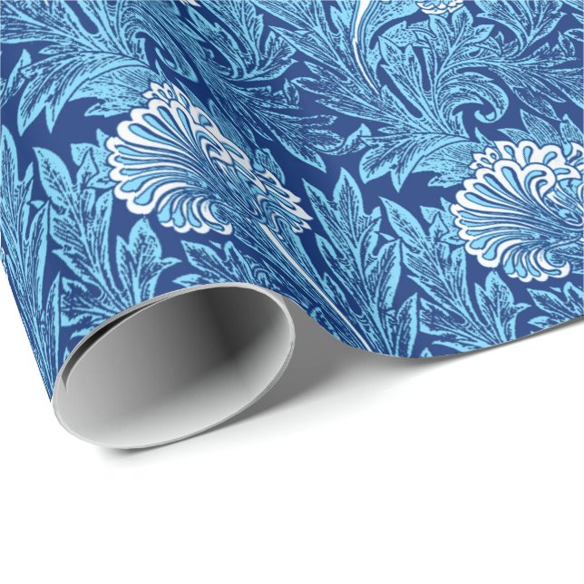 Papel De Presente Jacobean Flower Damask, Marinho, Azul-Céu e Branco (Ponta do rolo)