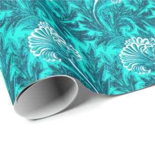 Papel De Presente Jacobean Flower Damask, Turquoise e Teal Blue