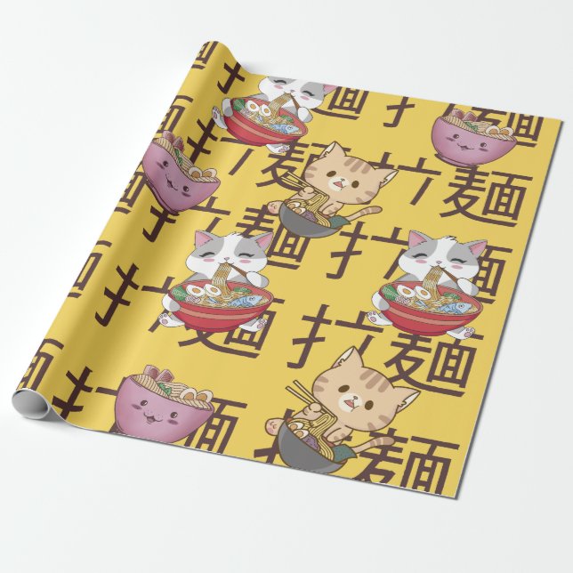 Papel De Presente Japanese Kawaii Anime Cat Ramen Noodles (Desenrolado)