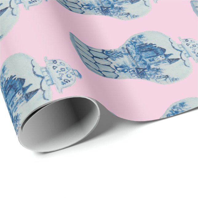 Papel De Presente Jar de gengibre branco e azul pintado à mão (Ponta do rolo)