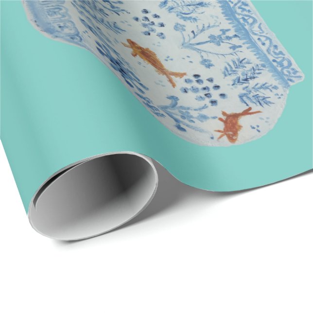 Papel De Presente Jar de gengibre branco e azul pintado à mão (Ponta do rolo)