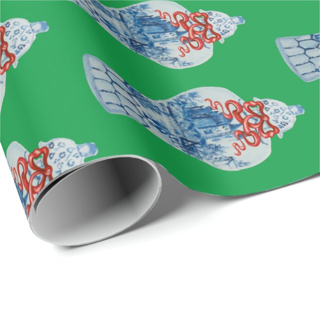 Papel De Presente Jar de gengibre branco e azul pintado à mão de Nat (Ponta do rolo)