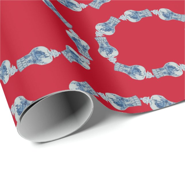 Papel De Presente Jar de gengibre branco e azul pintado à mão de Nat (Ponta do rolo)