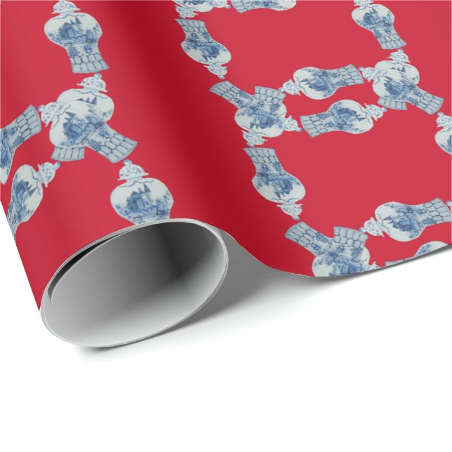 Papel De Presente Jar de gengibre branco e azul pintado à mão de Nat (Ponta do rolo)