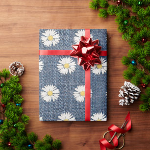 Papel De Presente Jardas de Margaridas Denim Azul