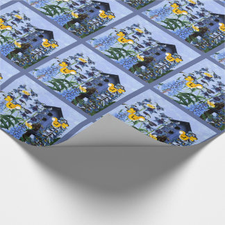 Papel De Presente Jardim Amarelo Canário e Larkspur com Birdhouse