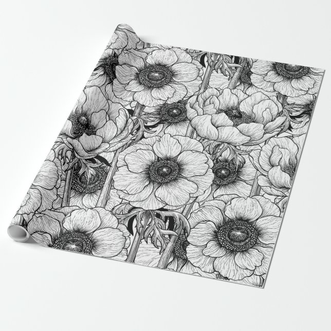 Papel De Presente Jardim anêmono em preto e branco (Desenrolado)