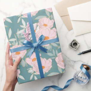 Papel De Presente Jardim Azul Turquesa Rosa