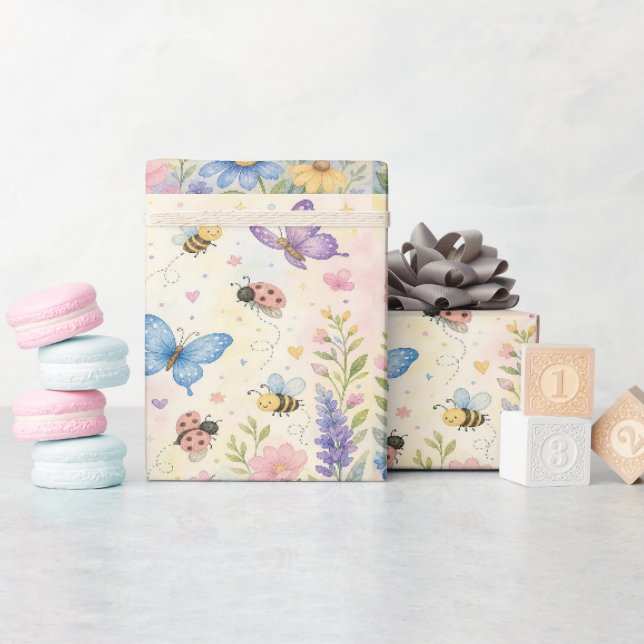 Papel De Presente Jardim Caprichoso Borboleta Joaninha Abelhas Flora (Chá de bebê)