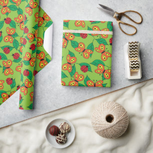 Papel De Presente Jardim Caprichoso de Borboletas e Joaninhas