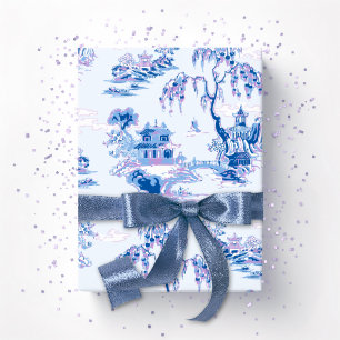 Papel De Presente Jardim da Pagode em Azul e Roxo