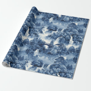 Papel De Presente Jardim d'água japonês em porcelana branca azul