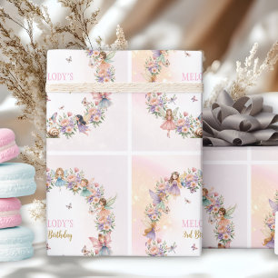 Papel De Presente Jardim de fadas florais caprichoso para 3º anivers