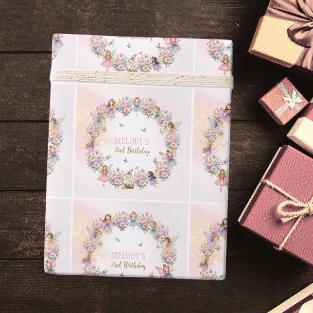 Papel De Presente Jardim de fadas florais caprichoso para aniversári (Criador carregado)