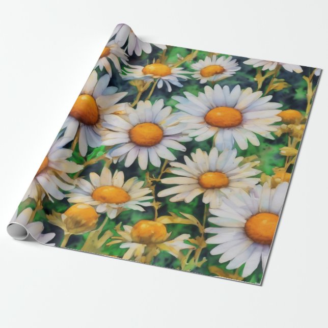 Papel De Presente Jardim de Flores de Margarida Aquarela (Desenrolado)